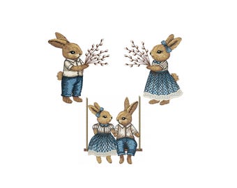 SET of 3 Vintage Easter bunny machine embroidery designs - 4 sizes, rabbit embroidery design, bunnies embroidery design, embroidery file