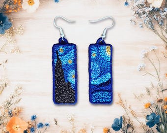 FSL Van Gogh Starry Night earrings machine embroidery design - Free Standing Lace Earrings