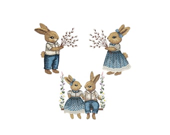 SET of 3 Vintage Easter bunny machine embroidery designs - 4 sizes, rabbit embroidery design, bunnies embroidery design, embroidery file