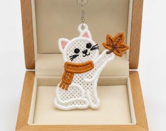 FSL cozy fall cat earrings machine embroidery design - FSL autumn fall thanksgiving halloween kitty earrings embroidery design file