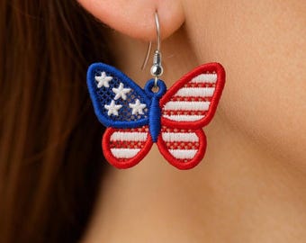 FSL 4th of July Independence Day USA US Flag America American butterfly shaped Earrings machine embroidery design file memorial day July 4
