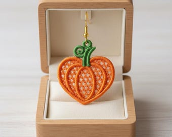 FSL fall heart shaped pumpkin earrings machine embroidery design - FSL autumn harvest thanksgiving earrings embroidery design file PES dst