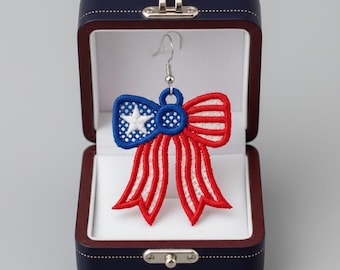 FSL 4th of July Independence Day USA US Flag America American bow shaped Earrings machine embroidery design file memorial day July 4