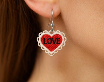 FSL Valentine's day lace heart earrings machine embroidery design valentine earrings FSL valentines heart earrings embroidery design file