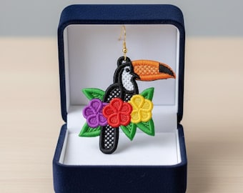 FSL toucan earrings machine embroidery design - FSL summer spring earrings embroidery design file PES tropical bird flowers vacation beach