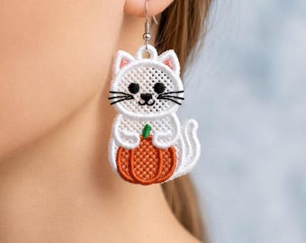 FSL cozy fall pumpkin cat earrings machine embroidery design - FSL autumn fall thanksgiving halloween kitty earrings embroidery design file