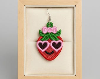 FSL cool strawberry girl earrings machine embroidery design - FSL summer spring earrings embroidery design file PES tropical vacation fruit