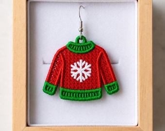 FSL Christmas sweater earrings machine embroidery design - FSL Christmas New Year winter snowflake earrings embroidery design file PES