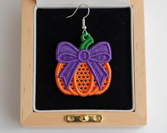 FSL fall bow pumpkin earrings machine embroidery design - FSL autumn harvest thanksgiving earrings embroidery design file PES