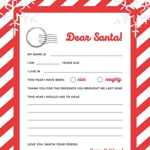 Carta a Papá Noel, Lista de Deseos de Navidad, Imprimible de Navidad para niños, Actividad navideña, Imprimible de Navidad