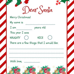Lista de Navidad de Papá Noel, Lista de deseos de Navidad, Navidad imprimible para niños, actividad navideña, Navidad imprimible, plantilla de bricolaje roja y blanca
