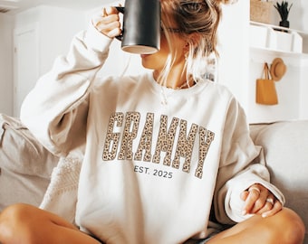 Custom Grammy Sweatshirt With Personalized Date, Grammy Leopard Sweatshirt, Grandma Reveal Sweater, Nana Christmas Gift, Mothers Day Shirt