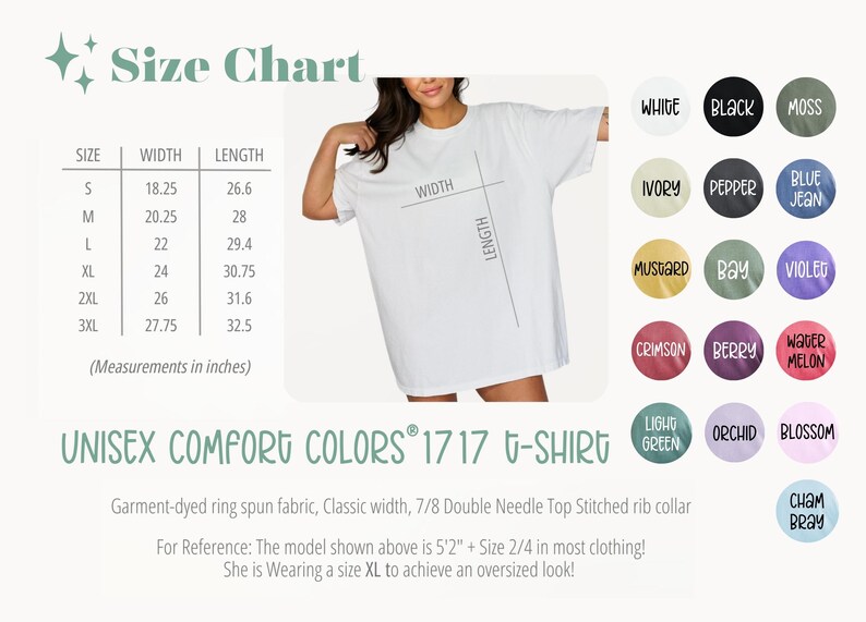 Pu&ograve; includere: Tabella delle taglie per una t-shirt unisex con misure in pollici. La tabella mostra le misure di larghezza e lunghezza per le taglie S a 3XL. L'immagine mostra anche un modello che indossa una t-shirt bianca e una cartella colori con diverse opzioni di colore.
