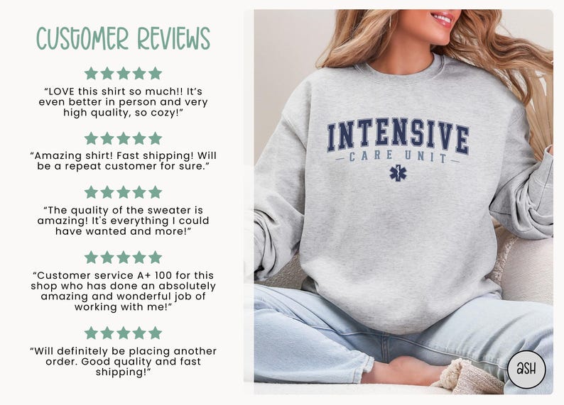 May include: A gray sweatshirt with the text "INTENSIVE CARE UNIT" in navy blue lettering and a blue star of life symbol. The sweatshirt is being modeled by a person wearing light blue jeans.