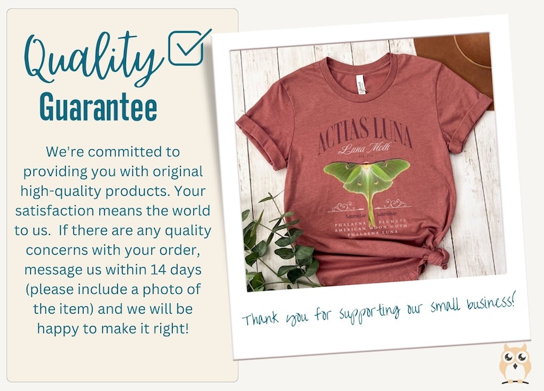 May include: A maroon t-shirt with a graphic of a Luna Moth and the text "Actias Luna Luna Moth" printed on the front. The shirt is displayed on a wooden surface with a green plant in the background. The text "Thank you for supporting our small business!" is written in blue ink on the bottom of the image.