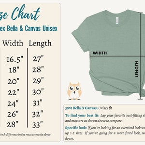 May include: Size chart for unisex t-shirts in sizes XS to 3XL. The chart shows the width and length measurements in inches for each size. The chart also includes instructions on how to find your best fit.