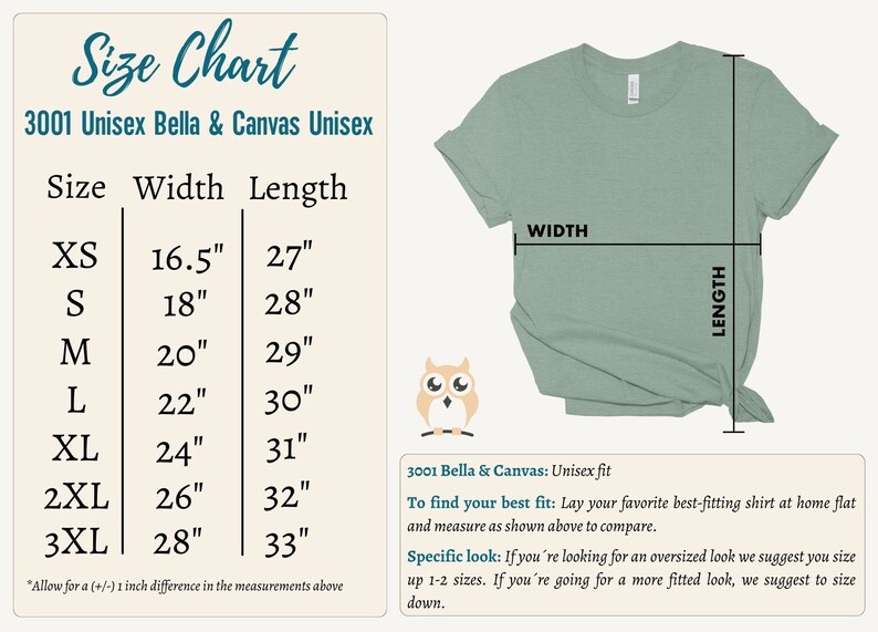 May include: Size chart for unisex t-shirts in sizes XS to 3XL. The chart shows the width and length measurements in inches for each size. The chart also includes instructions on how to find your best fit.