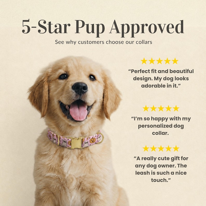 Op de afbeelding: Een golden retriever puppy draagt een roze hondenhalsband met een patroon van spookjes en pompoenen. De halsband heeft een goudkleurige metalen gesp en D-ring. De tekst op de afbeelding luidt: 5-Star Pup Approved, See why customers choose our collars.