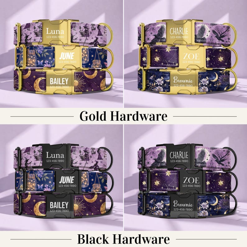 Op de afbeelding: Een collectie huisdierhalsbanden met hemelse, heksachtige en bloemrijke patronen in tinten paars, blauw en goud. Elke halsband heeft een gepersonaliseerde gesp met een naam en telefoonnummer, verkrijgbaar met gouden of zwarte hardware.