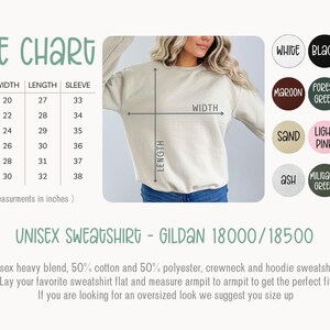 May include: Size chart for a unisex sweatshirt, showing measurements in inches for width, length, and sleeve length for sizes S through 3XL. The chart also shows a variety of color options for the sweatshirt, including white, black, sport grey, maroon, forest green, dark heather, sand, light pink, light blue, ash, military green, navy, and indigo blue.