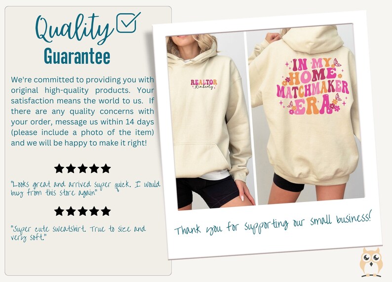 May include: Two cream-colored hoodies with different designs. The first hoodie has the word "REALTOR" with a name on the left side. The second hoodie has the text "IN MY HOME MATCHMAKER ERA" with pink and orange lettering and floral designs. Both hoodies have a drawstring hood.