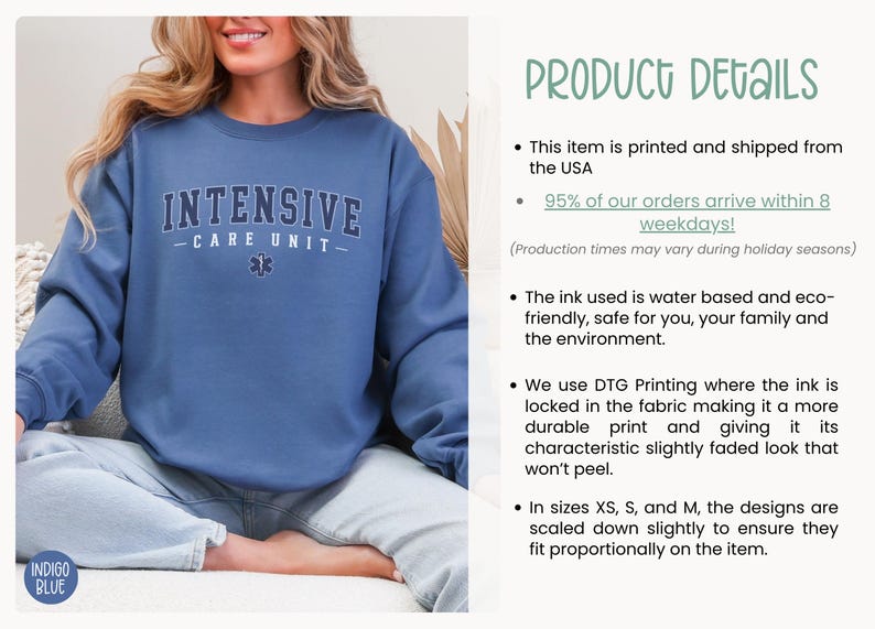 May include: A blue sweatshirt with the text "INTENSIVE CARE UNIT" in white lettering with a blue star of life symbol. The sweatshirt is being modeled by a person sitting down.