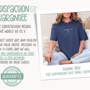 Pu&ograve; includere: Una foto di una donna che indossa una maglietta blu navy con il testo "cardiac icu" e una piccola grafica a forma di cuore. La foto &egrave; incorniciata da un bordo bianco e ha una sovrapposizione di testo che dice "Satisfaction Guarantee" e include i dettagli sulla politica di restituzione del negozio. Il testo dice anche "Grazie per aver supportato la nostra piccola attivit&agrave;!!"