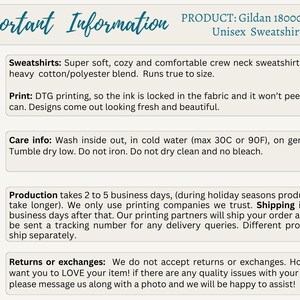 May include: Important information about Gildan 18000/18500 unisex sweatshirts. The text describes the product, care instructions, production time, and return policy.  The image includes icons of a sweatshirt, a washing machine, a package, and a heart.
