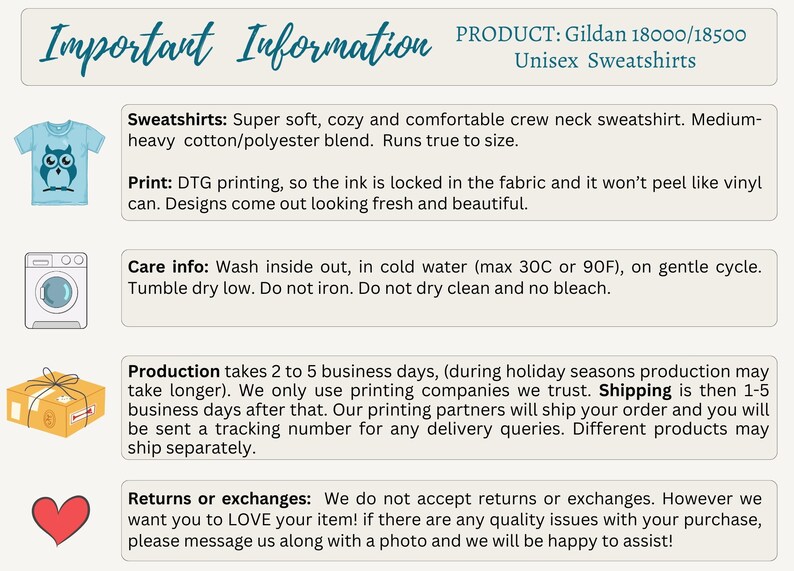 May include: Important information about Gildan 18000/18500 unisex sweatshirts. The text describes the product, care instructions, production time, and return policy.  The image includes icons of a sweatshirt, a washing machine, a package, and a heart.