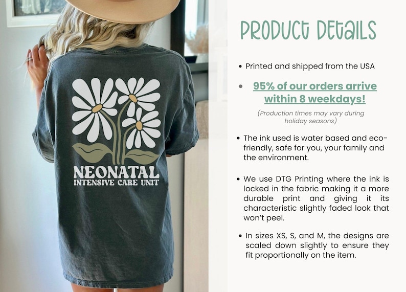 Może przedstawiać: Szary T-shirt z nadrukiem białych stokrotek i tekstem "NEONATAL INTENSIVE CARE UNIT".