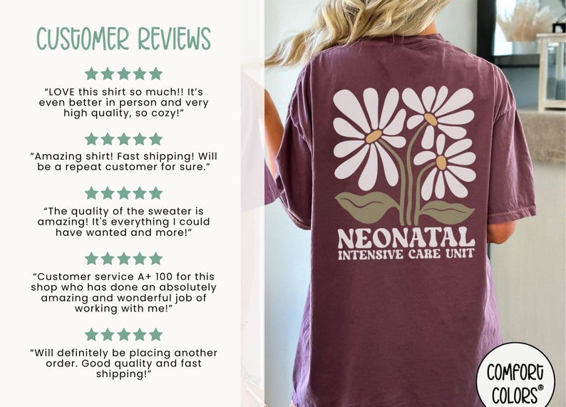 Może przedstawiać: Koszulka w kolorze bordowym z wzorem białych stokrotek i nadrukiem "NEONATAL INTENSIVE CARE UNIT" na plecach. Koszulka jest marki COMFORT COLORS.
