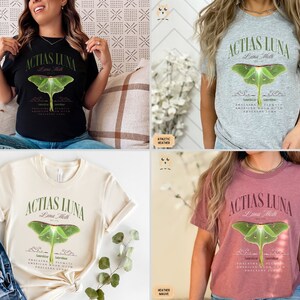 May include: Four different color t-shirts featuring a green luna moth graphic with the text "Actias Luna Luna Moth" and a description of the moth.