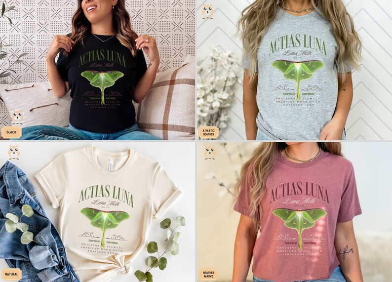 May include: Four different color t-shirts featuring a green luna moth graphic with the text "Actias Luna Luna Moth" and a description of the moth.