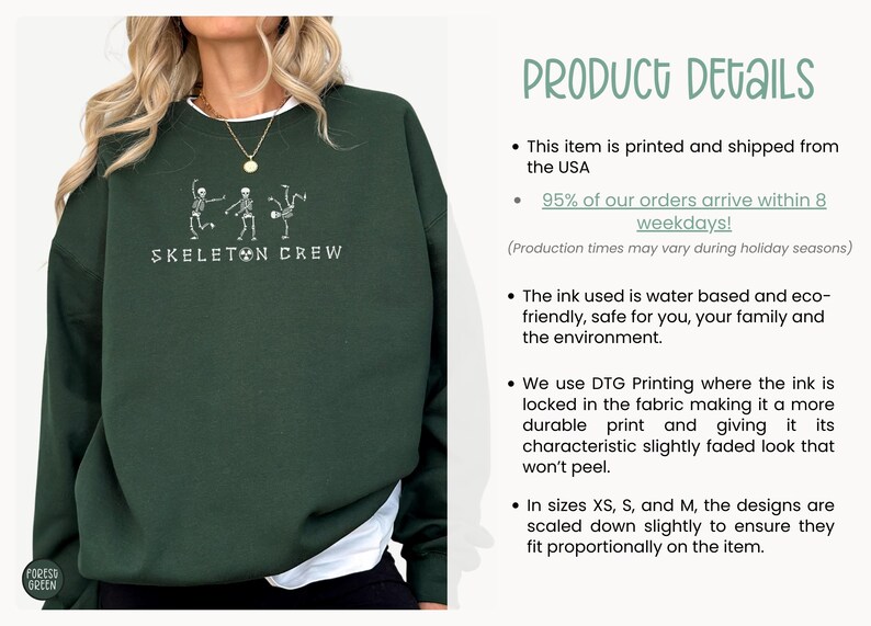 May include: A dark green sweatshirt with a white graphic of three skeletons dancing. The text "Skeleton Crew" is printed below the graphic.