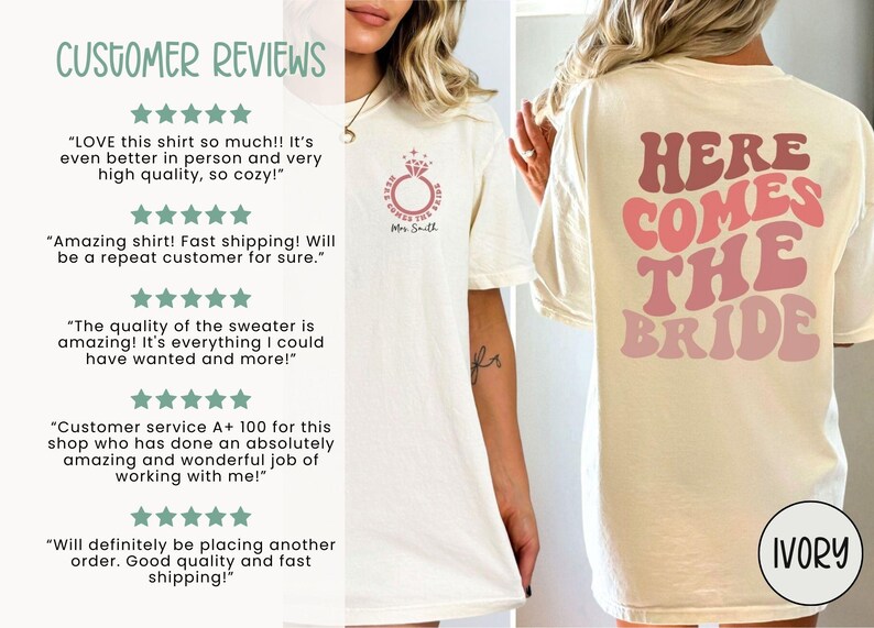 May include: A white t-shirt with the text "HERE COMES THE BRIDE" in pink and red lettering on the back. The front of the shirt has a small ring design with the text "Mrs. Smith". The shirt is available in ivory.