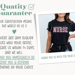 Może przedstawiać: Czarny T-shirt z napisem "student NURSE" w r&oacute;żowych literach z brokatem. Obraz zawiera wiadomość o gwarancji jakości z polityką zwrotu lub ponownego wydruku.