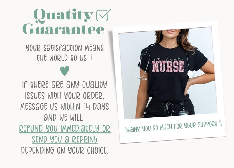 Może przedstawiać: Czarny T-shirt z napisem "student NURSE" w r&oacute;żowych literach z brokatem. Obraz zawiera wiadomość o gwarancji jakości z polityką zwrotu lub ponownego wydruku.