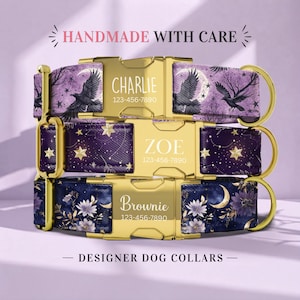 May include: Three pet collars with gold-tone metal buckles engraved with the names Charlie, Zoe, and Brownie along with phone numbers. The collars feature purple and dark blue fabric patterns with illustrations of ravens, moons, and stars.