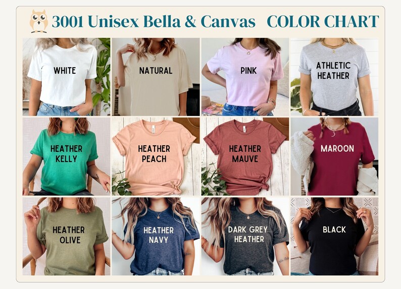 May include: Color chart for 3001 Unisex Bella & Canvas t-shirts. The chart shows 12 different colors, including white, natural, pink, athletic heather, heather kelly, heather peach, heather mauve, maroon, heather olive, heather navy, dark grey heather, and black.