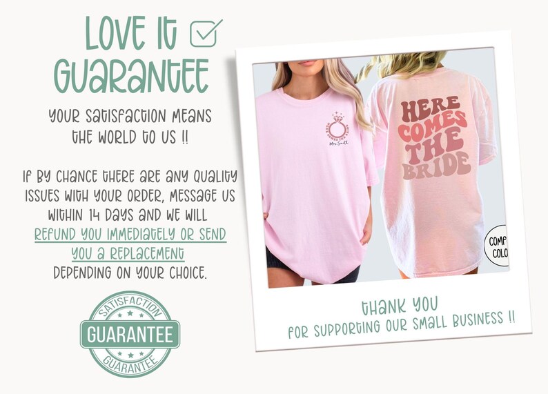 May include: Two pink t-shirts with text. The first shirt has a ring and the text "Mrs. to Be". The second shirt has the text "Here Comes The Bride" in a retro font. The image includes a guarantee statement with the text "Love It Guarantee".