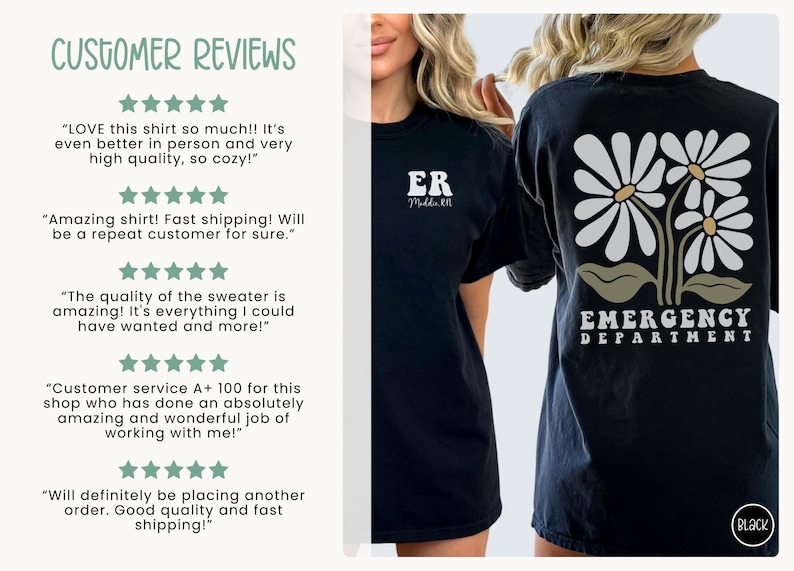 May include: Black t-shirt with a white daisy graphic and the text "Emergency Department".