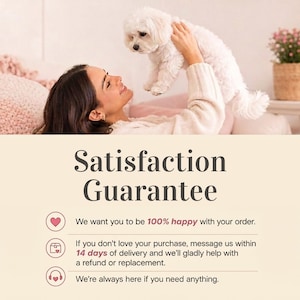 Op de afbeelding: Een afbeelding met de tekst Satisfaction Guarantee, gevolgd door drie punten: Wij willen dat u 100% tevreden bent met uw bestelling. Als u niet van uw aankoop houdt, stuur ons dan binnen 14 dagen na levering een bericht voor een terugbetaling.