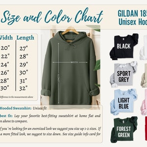May include: Size and color chart for a unisex Gildan 18500 hooded sweatshirt. The chart shows the width and length measurements for sizes S through 3XL. The chart also shows the sweatshirt in 10 different colors: black, white, sport grey, sand, light blue, light pink, forest green, and red.