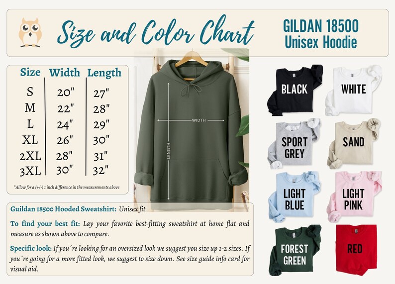 May include: Size and color chart for a unisex Gildan 18500 hooded sweatshirt. The chart shows the width and length measurements for sizes S through 3XL. The chart also shows the sweatshirt in 10 different colors: black, white, sport grey, sand, light blue, light pink, forest green, and red.