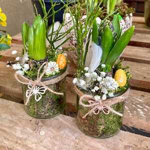 May include: Two glass jars filled with moss, white flowers, and green hyacinth bulbs. Each jar is decorated with a brown bow, a wooden butterfly, and small decorative Easter eggs.