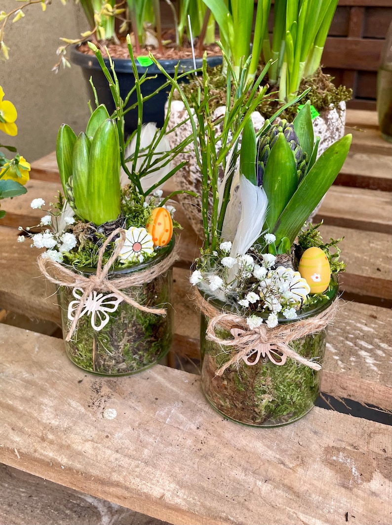 May include: Two glass jars filled with moss, white flowers, and green hyacinth bulbs. Each jar is decorated with a brown bow, a wooden butterfly, and small decorative Easter eggs.