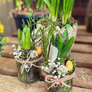 May include: Two glass jars filled with moss, small white flowers, and green hyacinth plants. Each jar is decorated with a brown twine bow and a wooden butterfly. There are also small yellow and orange Easter eggs in each jar.
