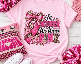 Rosa T-Shirt zur Sensibilisierung für Brustkrebs, Leoparden-Schleife, Vichy-Schleife, Unterstützungsshirt für Oktober