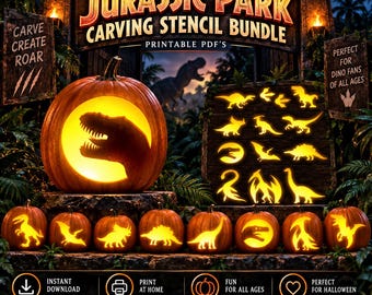 May include: A Jurassic Park carving stencil bundle featuring printable PDFs. The image displays a large carved pumpkin with a T-Rex silhouette, alongside smaller pumpkins with various dinosaur designs and a wooden board showing stencil options.