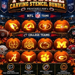 May include: A digital graphic titled Football Carving Stencil Bundle featuring printable PDFs for NFL and college teams. The image displays twelve orange pumpkins, each carved with a different sports team logo, arranged on tiered wooden shelves.